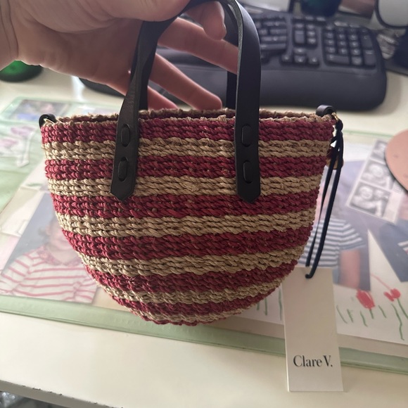 Clare V. Petite Woven Straw Bag Navy Tan Red Striped Bohemian brand New With Tag - Picture 4 of 5